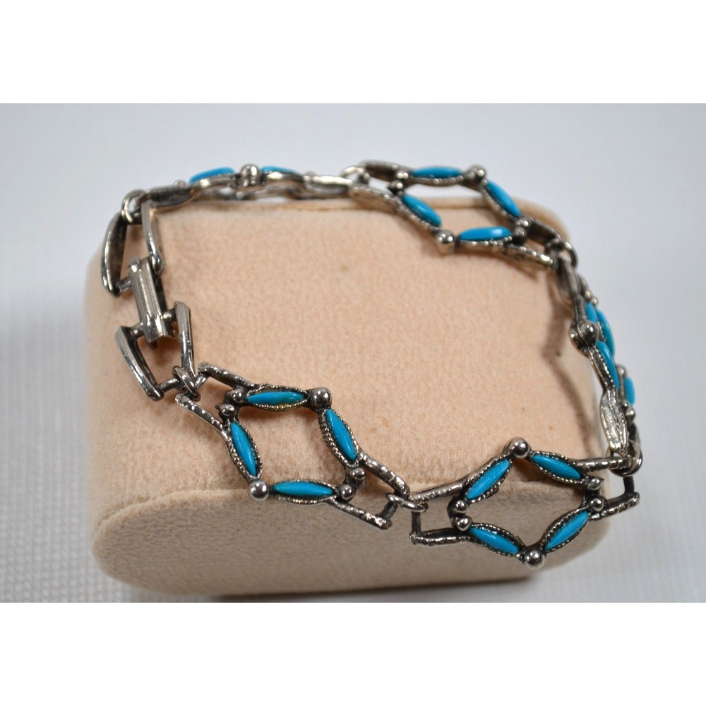 Vintage Faux Turquoise Needlepoint Silver Tone Link Bracelet SW Style 7.5"